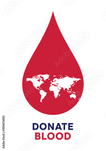 Red blood drop with world map encouraging blood donation  
