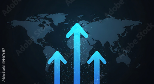 A graphic illustration of three blue arrows pointing upwards on a dark background with a world map