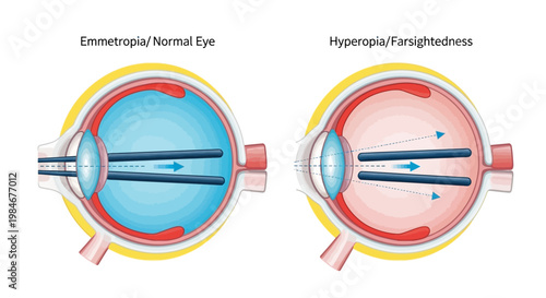 Detailed visual explanation comparing emmetropia (normal vision) and hyperopia (farsightedness), illustrating how light focuses differently within the human eye, impacting visual clarity