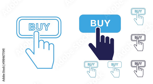 Hand clicking on a buy button with the word BUY displayed on it, representing online shopping and e-commerce transactions