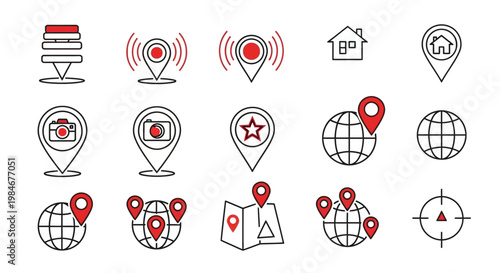 Comprehensive vector icon set for precise location tracking, global navigation, and digital mapping services, featuring essential GPS pins, wireless signals, and target markers for modern applications