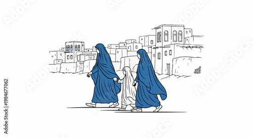 Three figures in traditional attire walk along a village path