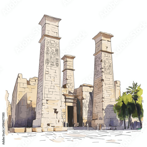 Luxor Temple. Luxor Temple hand drawn watercolor illustration on white background