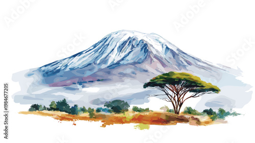 Mount Kilimanjaro. Mount Kilimanjaro hand drawn watercolor illustration on white background