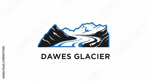 Stylized mountain and winding river scene with text below