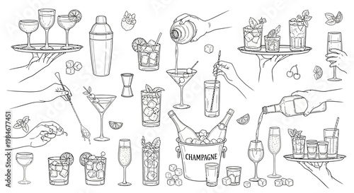 Hand-drawn collection of cocktail illustrations, featuring various alcoholic beverages, bar tools, and serving scenes, perfect for menu design or mixology concepts