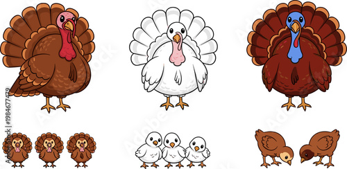 Cute Cartoon Turkey and Poult Set in Brown, White, and Dark Colors with Fan Tail Family Poses Vector Illustration