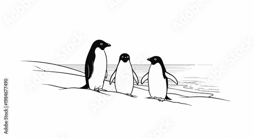 Three penguins stand on an icy shore near the water