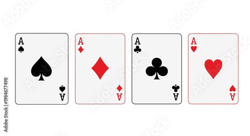 Set of four aces playing cards illustration featuring Spades, Diamonds, Clubs, and Hearts. Ideal graphic for casino, poker, and card game themes