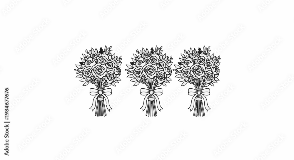 Fototapeta premium Three line-art rose bouquets with ribbons tied around stems