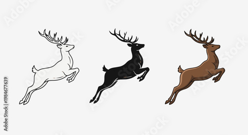 Three leaping deer silhouettes outline, black, and brown