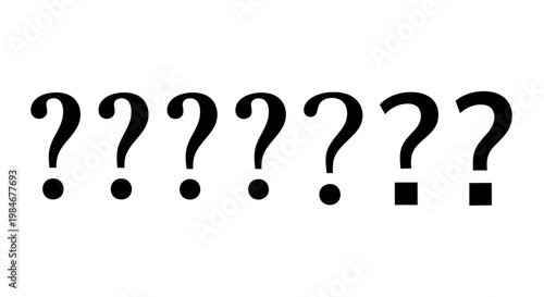 A row of distinct black question marks on a white background, representing the conceptual essence of multiple unanswered questions, doubt, and the pursuit of clarity