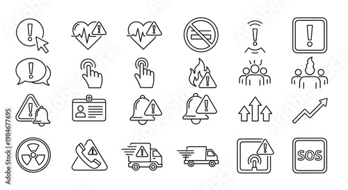 Set of Icons Representing Warning Signs, Alerts, and Danger Symbols for Safety and Emergency Situations