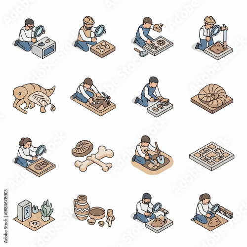Children excavating fossils and artifacts in isometric view.
