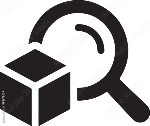Supply chain visibility and product discovery icon, minimalist 3D cube and magnifier illustration