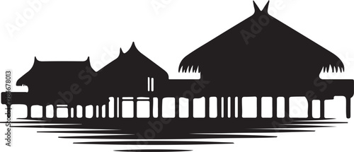 Tropical Bungalows Over water huts on stilts, flat black travel rest home vector symbol