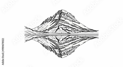 Stylized monochrome mountain reflection on tranquil water surface