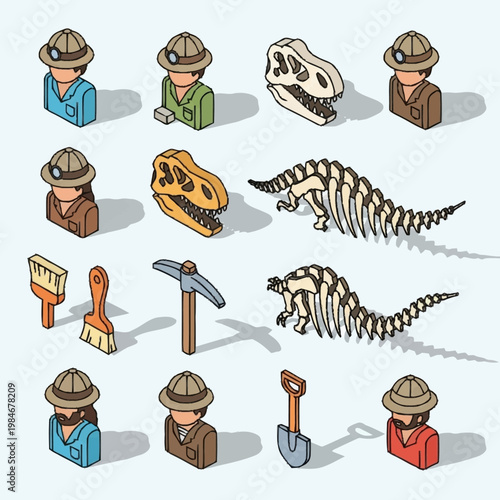 Dinosaur Fossils and Paleontologists Icons Set.