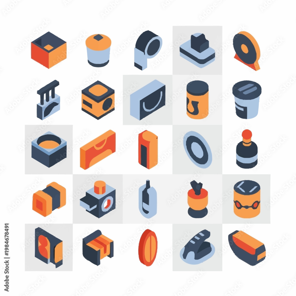Fototapeta premium Collection of isometric tools and objects in a grid layout.