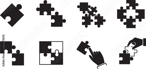 Black puzzle pieces on white background with hands assembling them jigsaw