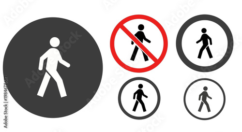 Collection of pedestrian crossing signs, including a walk symbol, a do not walk symbol, and multiple other pedestrian icons on a white background