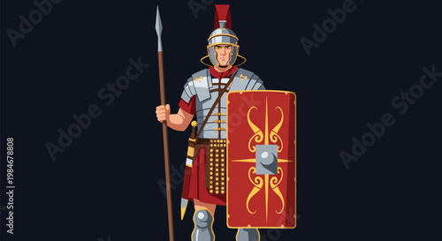 Powerful Roman soldier in traditional armor stands tall holding a long spear and a large red shield decorated with golden patterns.