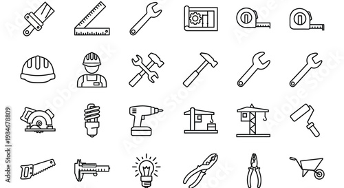 Collection of construction and DIY tools, building equipment, and safety gear, perfect for renovation and repair projects