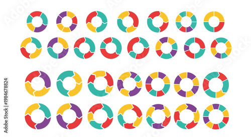Collection of colorful circular diagrams with arrows indicating process or cyclical flow for data visualization and presentation