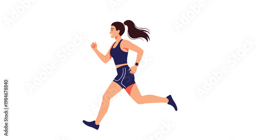 Fit young woman with a long ponytail runs at a fast pace wearing dark athletic clothing and a smartwatch to track her fitness goals.