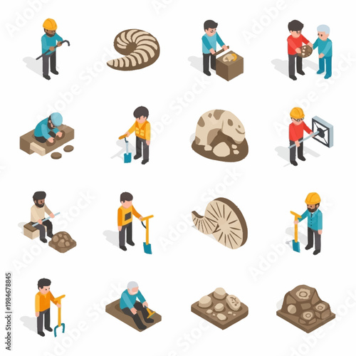 Isometric people engaged in various archaeological excavation tasks.