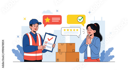 Happy delivery courier shows a positive feedback form to a satisfied female customer after successfully dropping off her packages.