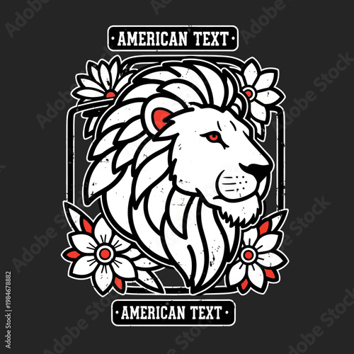 Majestic White Lion Head with Floral Accents in Traditional Tattoo Style.