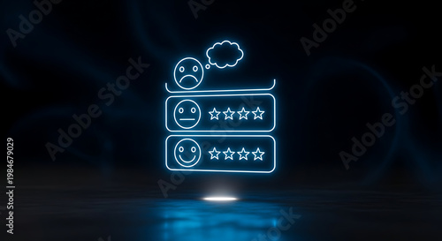 Tableau sur toile A glowing blue neon rating system with smiling and frowning faces in a dark back