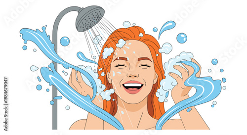 Joyful woman laughs while washing her hair under a shower head with splashing water and soap suds in a refreshing bathroom setting.