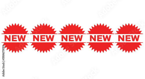 A Row of Five Red 'New' Starburst Stickers or Labels Displayed on a White Background, Perfect for Promotions and Retail