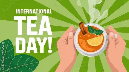 International Tea Day illustration with hands holding a cup of herbal tea with lemon and cinnamon on green sunburst background