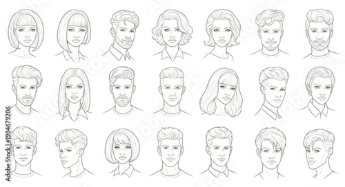 Collection of Diverse Hand Drawn Human Faces Sketch Style.