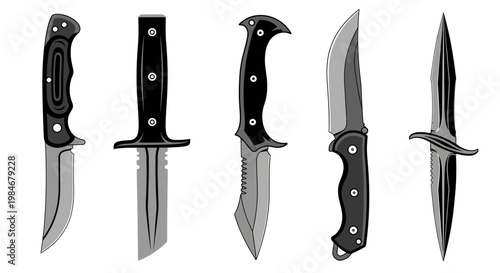 Diverse collection of sharp-edged tactical and utility knives, showcasing various blade designs and handle styles in a clean, isolated vector illustration suitable for survival, adventure, 