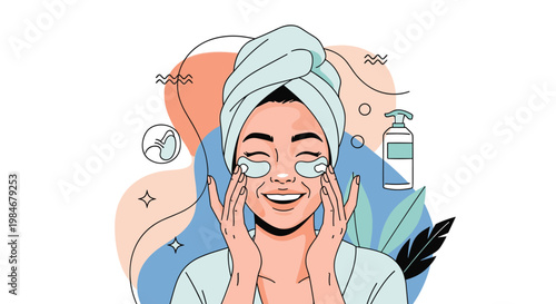 Smiling young woman with a towel on her head applies moisturizing patches under her eyes as part of a refreshing skincare routine.