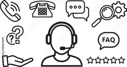 Customer service with headset wearer and communication symbols support phone