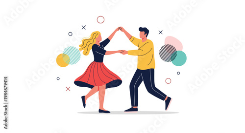Joyful couple performs a swing or salsa dance together against a white background decorated with colorful abstract geometric shapes.
