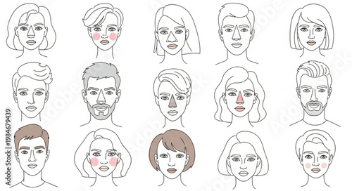 Collection of Diverse Hand Drawn Faces Expressing Various Emotions.