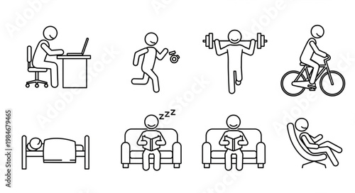 Collection of simple line art icons representing different human activities and states.