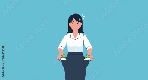 Concerned woman wearing a white blouse and blue skirt shows her empty pockets with only a few dollars left in her hands.