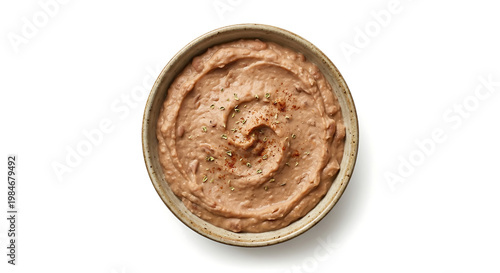 Refried Beans Bowl Isolated on White Background Top View