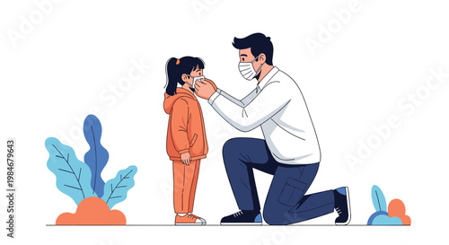 Caring father kneeling on the ground helps his young daughter put on a protective face mask before going out together.