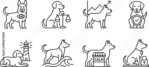 Conceptual dog symbols for security balance growth and guidance