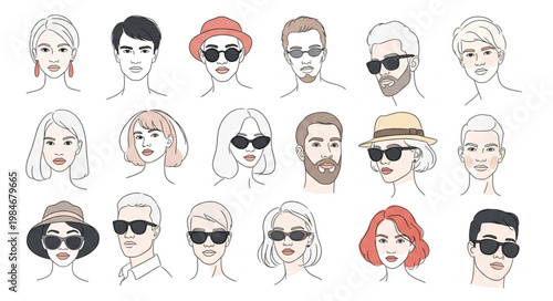 Collection of Diverse Hand Drawn Faces with Sunglasses and Hats.