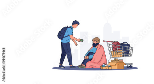 Compassionate young man wearing a backpack gives money to a homeless person sitting with a shopping cart on a city street.
