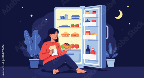 Hungry woman sits on the floor at night eating a sandwich in front of a bright open refrigerator full of healthy food.